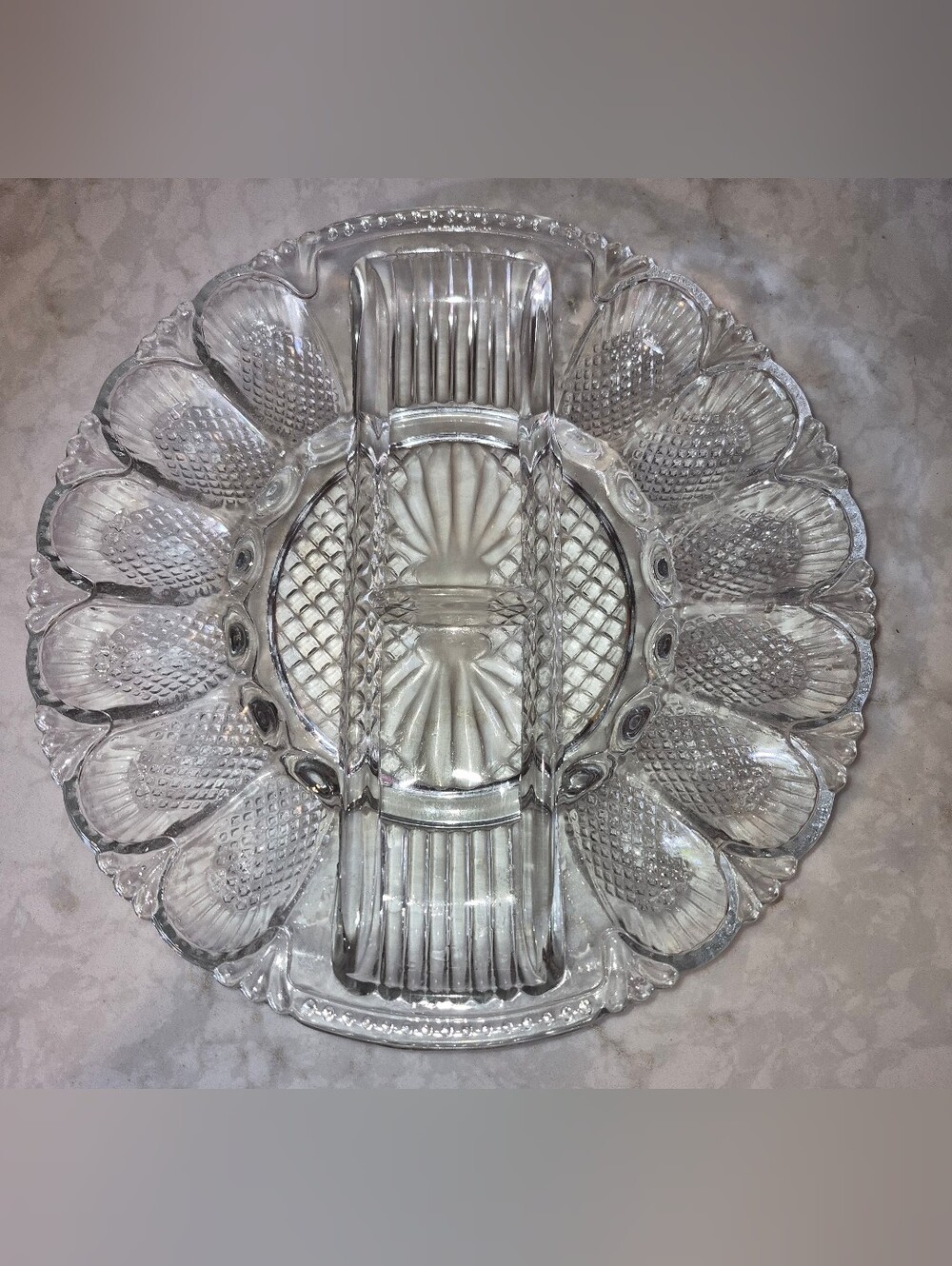 Vintage L.E. Smith Glass Heritage Pattern Deviled Egg and Relish Plate